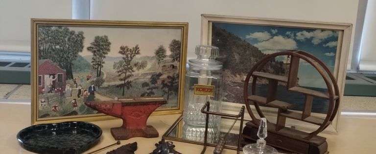 Pickers LOT: Vintage Prints Miniature Shelves Hardware & More