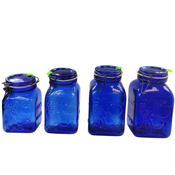 Casadis Milano Cobalt Blue Glass Canisters Fruit Embossed 4pcs