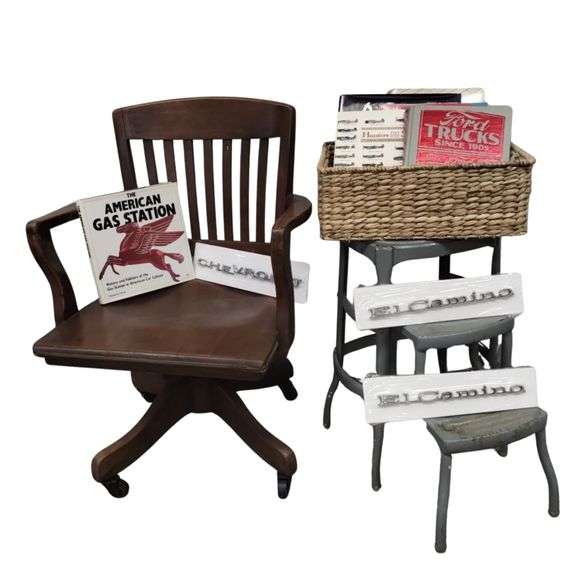 Pickers LOT: Midcentury Office Chair Step-Stool Automotive Books Chevy Badges