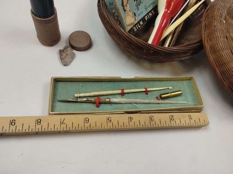 Antique Smalls LOT Crochet Jackson Ink Pen Gold Nib 35MM Film Negative Scissors