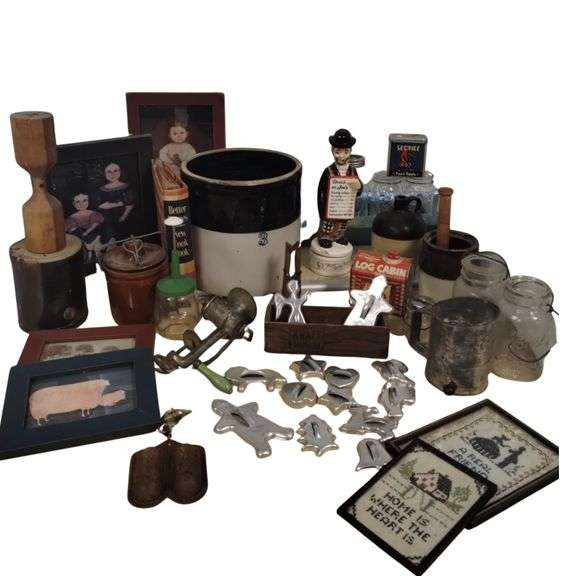 Pickers LOT: Vintage Antique Kitchen Crocks Cookie Cutters Samplers Embroidery