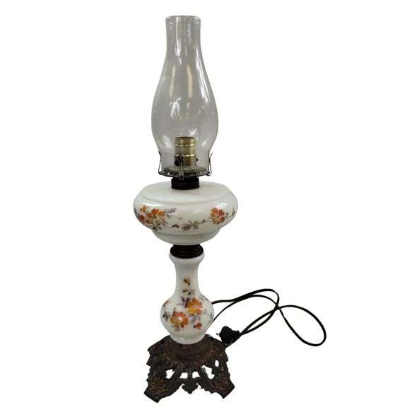Milk Glass Electrified Oil Lamp Ornate Parlor Cast Metal Base