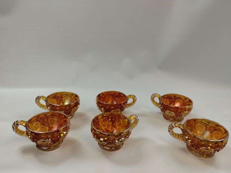 Carnival Glass Marigold Punch Bowl Base Cups Luster Hollywood Regency