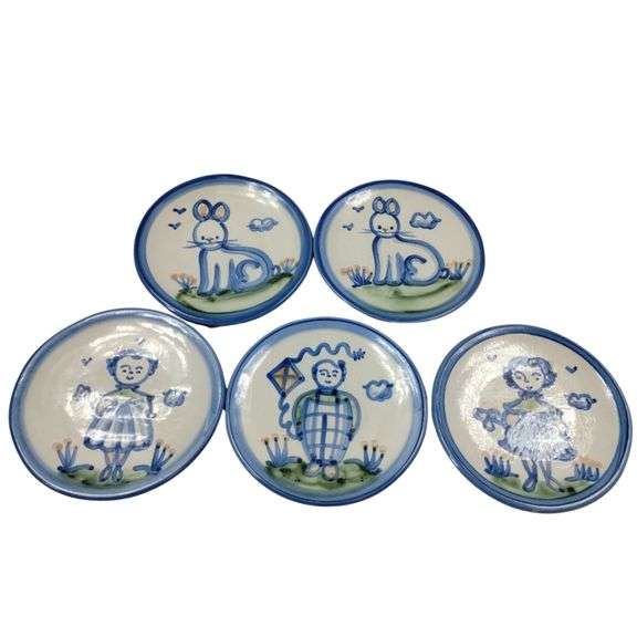 Hadley Pottery Country Scene 6" Bread Snack Plates Rabbit Girls Boy Kite 5pc