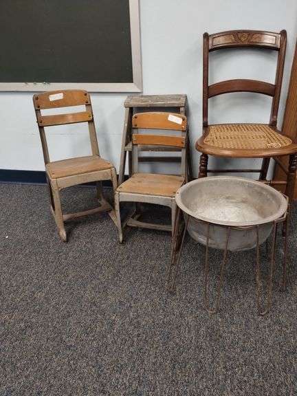 Pickers LOT: Vintage School Chairs Step Ladder Cane Seat Basin