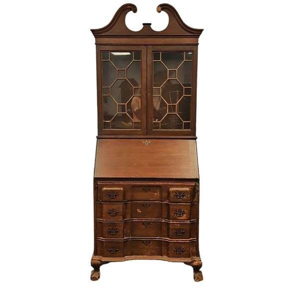 Antique American Slant Front Secretary Cabinet Fretting Hidden Drawers Compartments