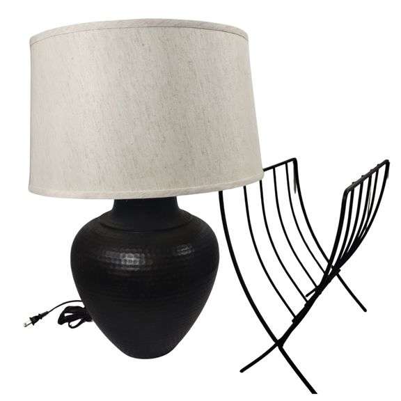 Furniture Metal Magazine Rack & MCM Style Lamp Hammered Metal Copper Look