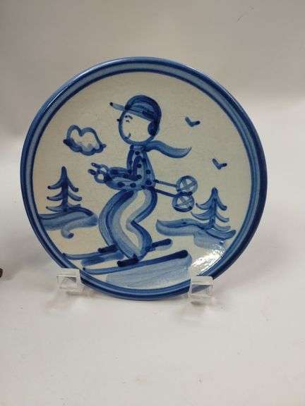 Hadley Pottery Country Scene Winter Boy Skis Serving Bowl + Plate