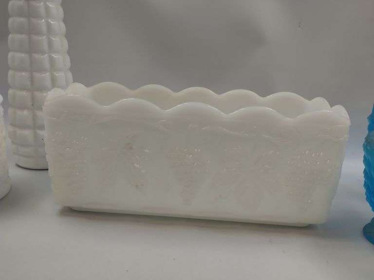 Pickers LOT: Vintage Pressed Pattern Milk Glass Blue Gold Finish