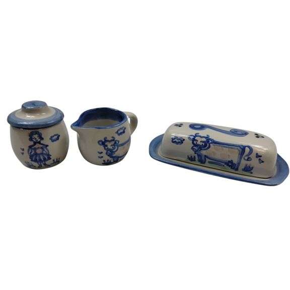 Hadley Pottery Country Scene Creamer Sugar Butter Milk Maid Cows Girl