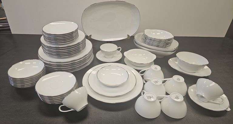Noritake White Silver Trim Fremont Pattern Dish Set +Serving