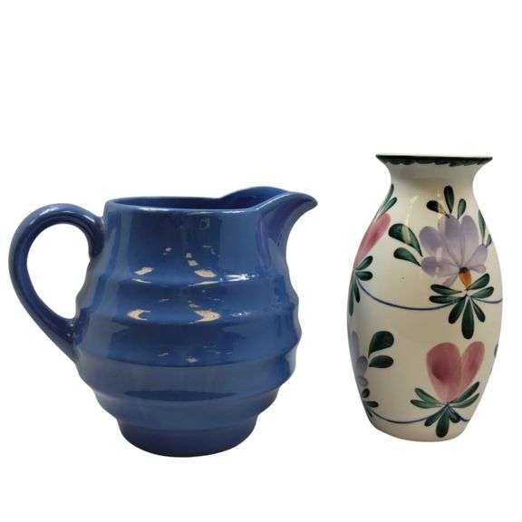 Vintage Antique German Hand Painted Floral Vase & Milk Pitcher Stoneware
