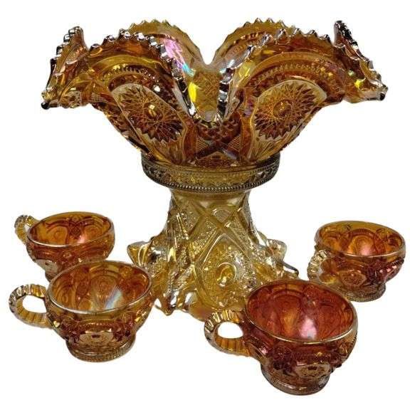 Carnival Glass Marigold Punch Bowl Base Cups Luster Hollywood Regency
