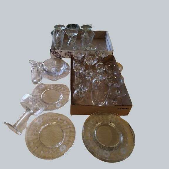 LOT Vintage Glass Flutes Stems Wine Glasses Plates Goblets