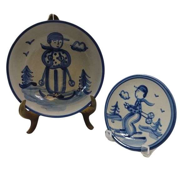 Hadley Pottery Country Scene Winter Boy Skis Serving Bowl + Plate