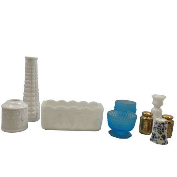 Pickers LOT: Vintage Pressed Pattern Milk Glass Blue Gold Finish