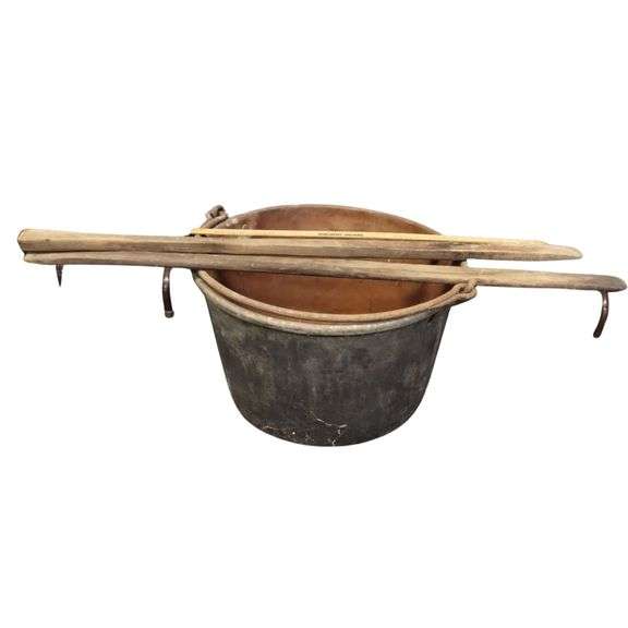 Huge 26" Round Antique Copper Boiling Pot Cooking Laundry Maple Syrup +Paddles