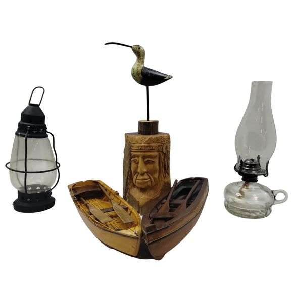 Pickers LOT: Wooden Boats Decor Carved Native Bird Oil Lamps Smalls