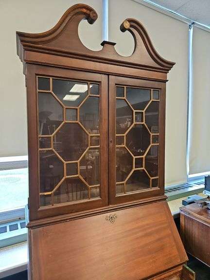 Antique American Slant Front Secretary Cabinet Fretting Hidden Drawers Compartments