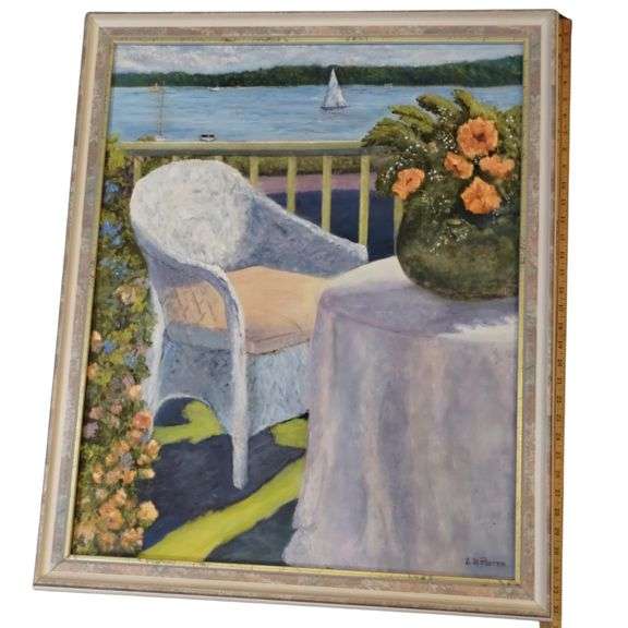 24x30in Painting Acrylic S St Pierre Patio Overlooking Lake Sailboats 1998