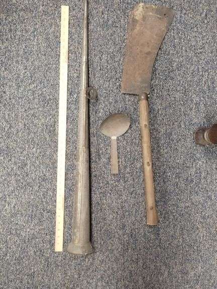 Antique 1830-60s Tin Horn Noise Maker Parade Protest + Primitive Hatchet