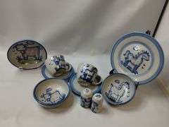Hadley Pottery Country Scene Horse Cow Cups Plates Bowls S/P