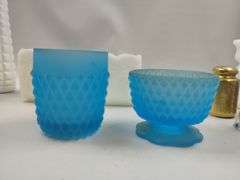 Pickers LOT: Vintage Pressed Pattern Milk Glass Blue Gold Finish