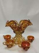 Carnival Glass Marigold Punch Bowl Base Cups Luster Hollywood Regency