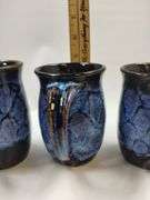 4 Doug Dotson Pottery Soda Fired Mugs Fishscale Patten Blue Brown