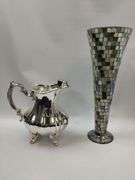 Towle Silverplated Ice Water Pitcher + Mosaic 16" Vase Glass Hand Made