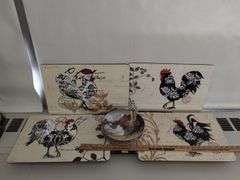 Decor Lot Art Glass ROOSTERs Papier Mache Plates Placemats