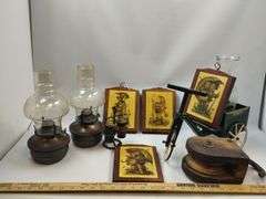 Pickers LOT: Barn Pulley Oil Lamps Salt Pepper Plaque