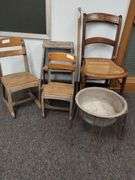 Pickers LOT: Vintage School Chairs Step Ladder Cane Seat Basin