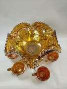 Carnival Glass Marigold Punch Bowl Base Cups Luster Hollywood Regency