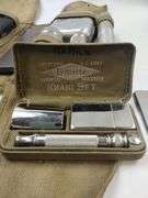 WWI Gillette Kahki Military Barber Shaving Kit Genco Razor Rawleighs Jar Brush Bantron Tablets