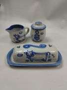 Hadley Pottery Country Scene Creamer Sugar Butter Milk Maid Cows Girl