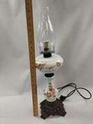 Milk Glass Electrified Oil Lamp Ornate Parlor Cast Metal Base
