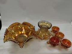 Carnival Glass Marigold Punch Bowl Base Cups Luster Hollywood Regency
