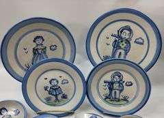 Hadley Pottery Country Scene 2 5pc Sets Farmer Wife Girl Cups Plates Bowls