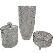3 Hand Cut Lead Crystal American Brilliant Cut 15" Vase Lidded Humidor Bowl