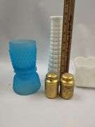 Pickers LOT: Vintage Pressed Pattern Milk Glass Blue Gold Finish