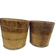 2 Antique Wood Plank Half Barrel Buckets Bale Wire