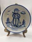Hadley Pottery Country Scene Winter Boy Skis Serving Bowl + Plate