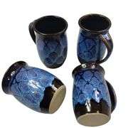 4 Doug Dotson Pottery Soda Fired Mugs Fishscale Patten Blue Brown