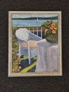 24x30in Painting Acrylic S St Pierre Patio Overlooking Lake Sailboats 1998