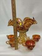 Carnival Glass Marigold Punch Bowl Base Cups Luster Hollywood Regency