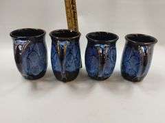 4 Doug Dotson Pottery Soda Fired Mugs Fishscale Patten Blue Brown