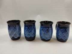 4 Doug Dotson Pottery Soda Fired Mugs Fishscale Patten Blue Brown