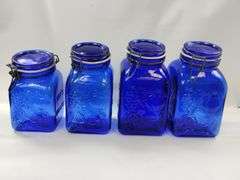 Casadis Milano Cobalt Blue Glass Canisters Fruit Embossed 4pcs