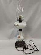Milk Glass Electrified Oil Lamp Ornate Parlor Cast Metal Base